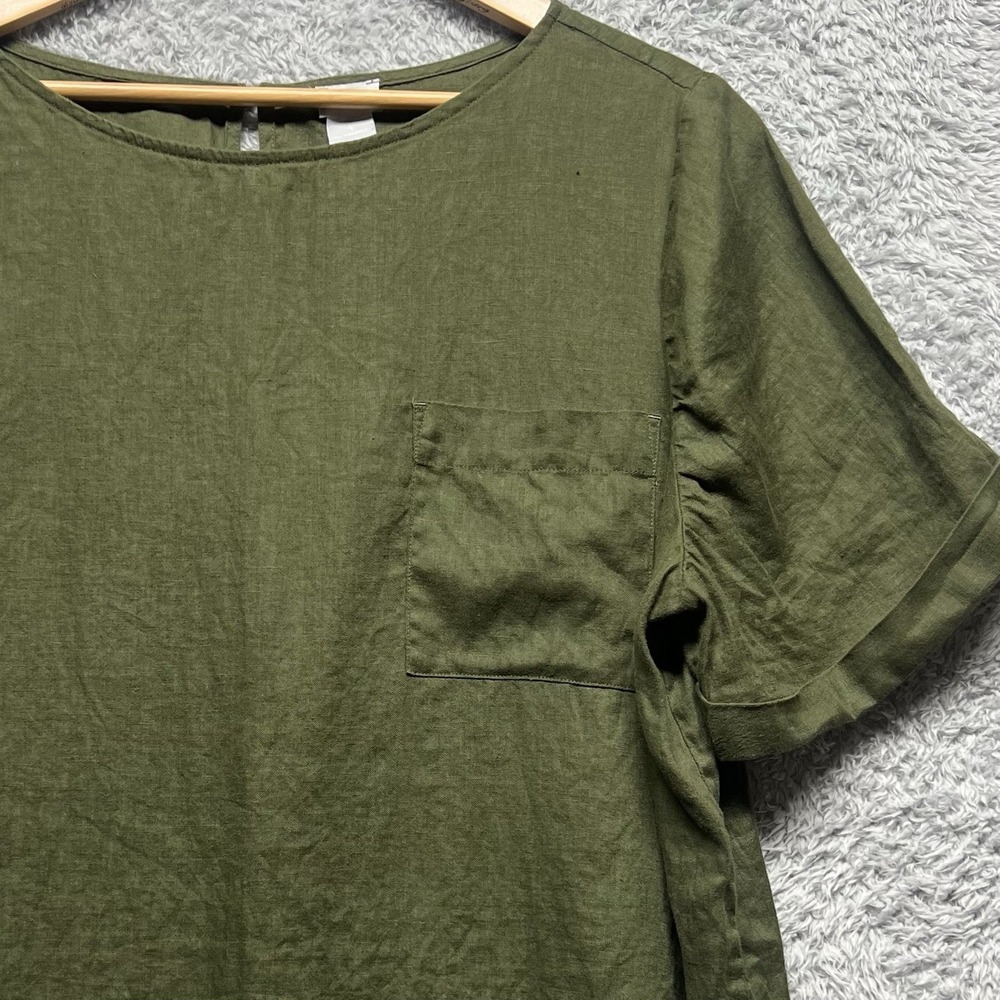 Chicos Linen Top Womens 4 US 20/22 2X Olive Green Relaxed Chest Pocket Lagenlook - Picture 2 of 9